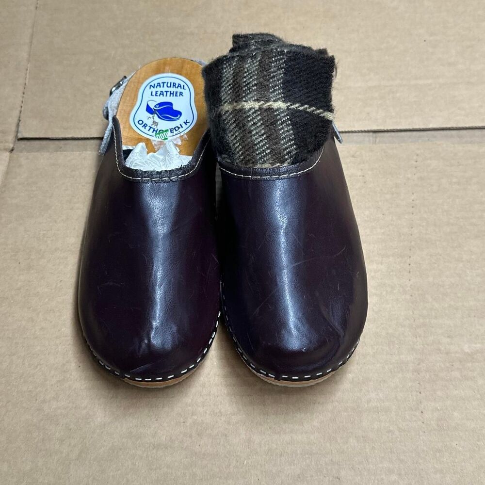 Vintage 90s Leather Wooden Clogs Slingback Mules Burgundy EU 40/US 9